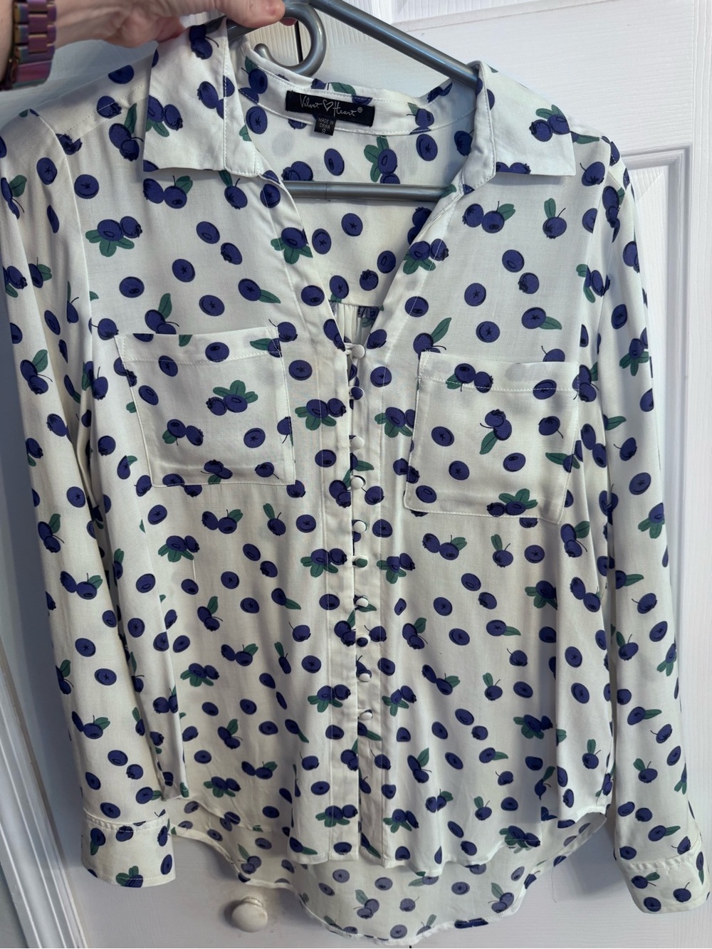 Velvet Heart Small White Blouse with Blueberry Print
